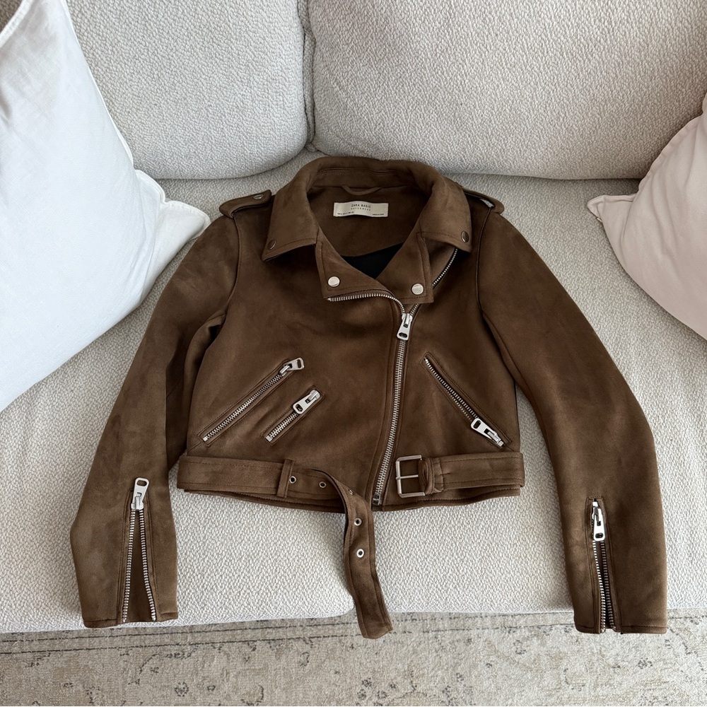 Zara Faux Suede Biker Jacket in Tan Brown